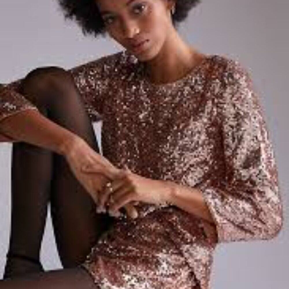 ANTHROPOLOGIE PINK ROSE SEQUINED TIE BLOUSE WOMEN SIZE US 10